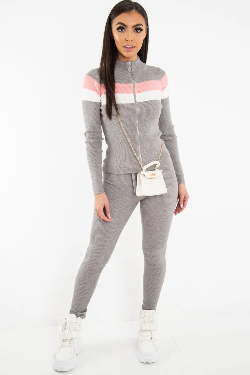 Grey Rib Knit Colour Block Loungewear Set - Jaysie