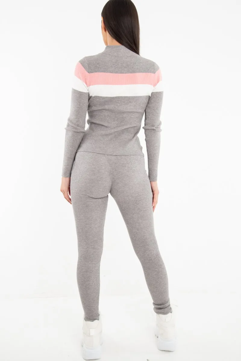 Grey Rib Knit Colour Block Loungewear Set - Jaysie