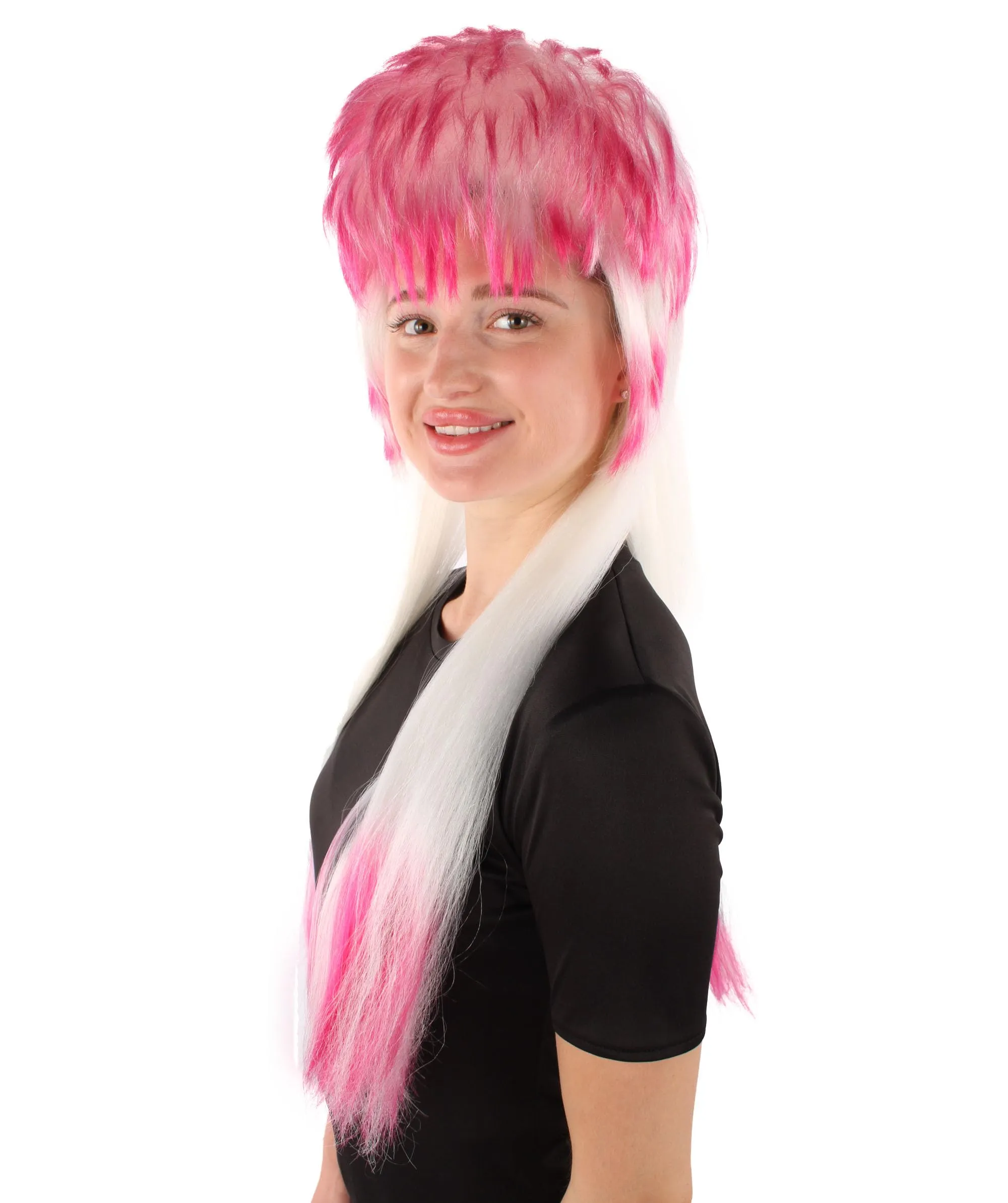 HPO Adult Rock Star Blonde 80's Mullet with Pink Tips Wig, Perfect for Halloween and Cosplay, Flame-retardant Synthetic Fiber