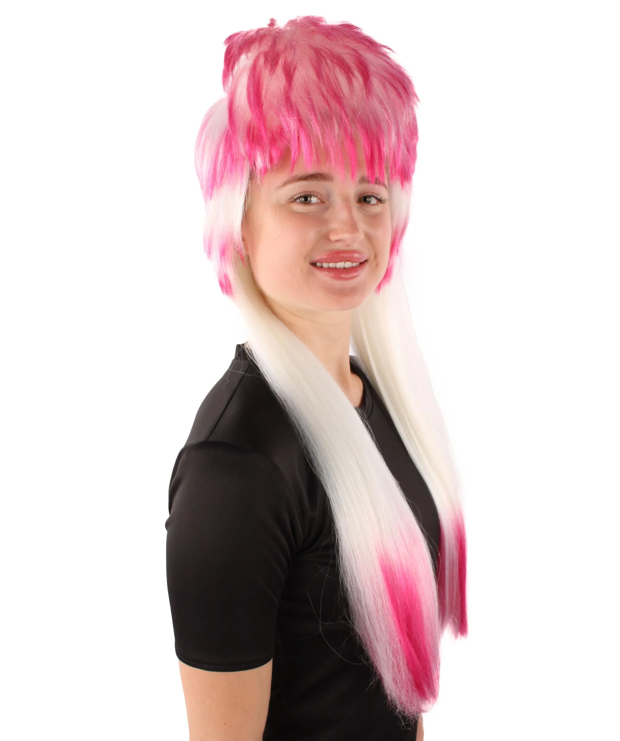 HPO Adult Rock Star Blonde 80's Mullet with Pink Tips Wig, Perfect for Halloween and Cosplay, Flame-retardant Synthetic Fiber