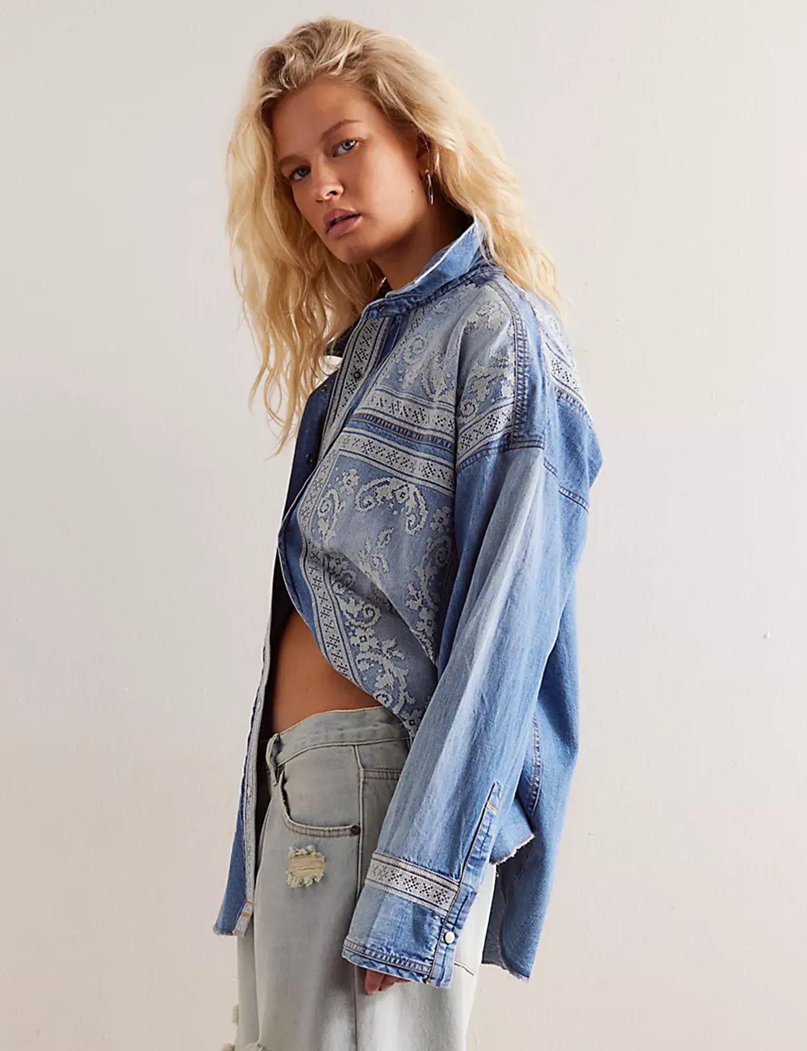 Lace Embroidered Denim Shirt, Medium Rancher Wash