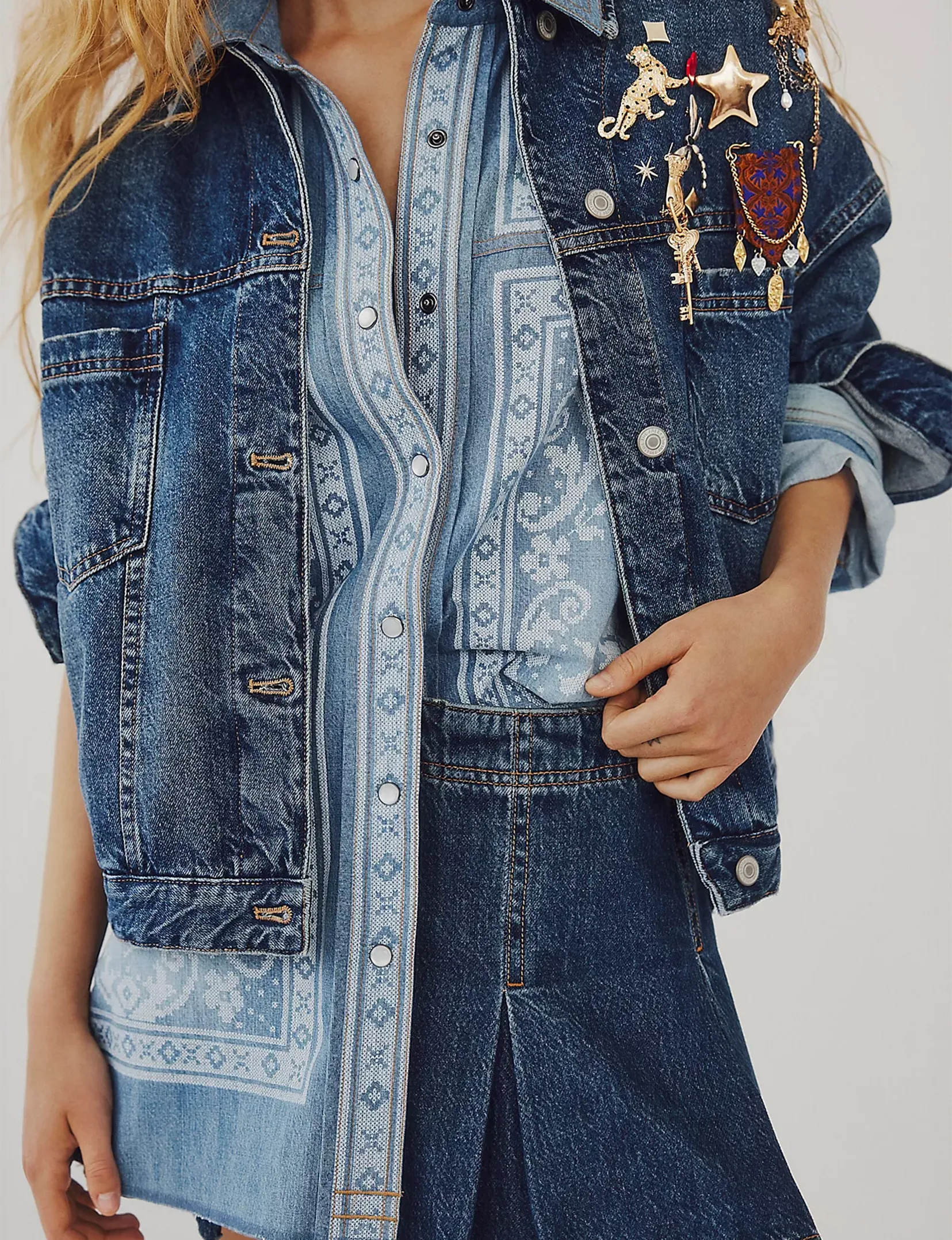 Lace Embroidered Denim Shirt, Medium Rancher Wash