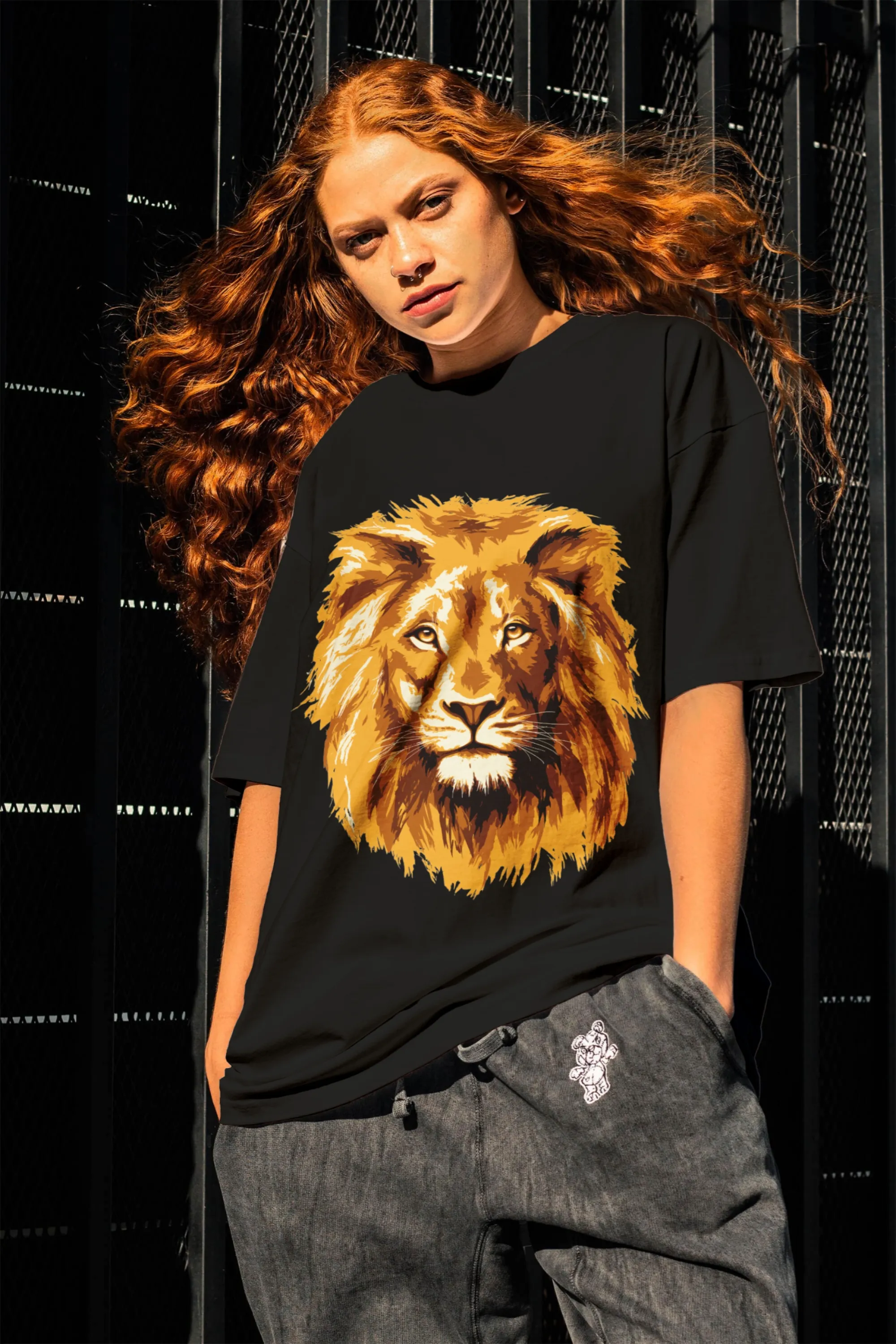 Lion Oversized Women's Black  T-shirt