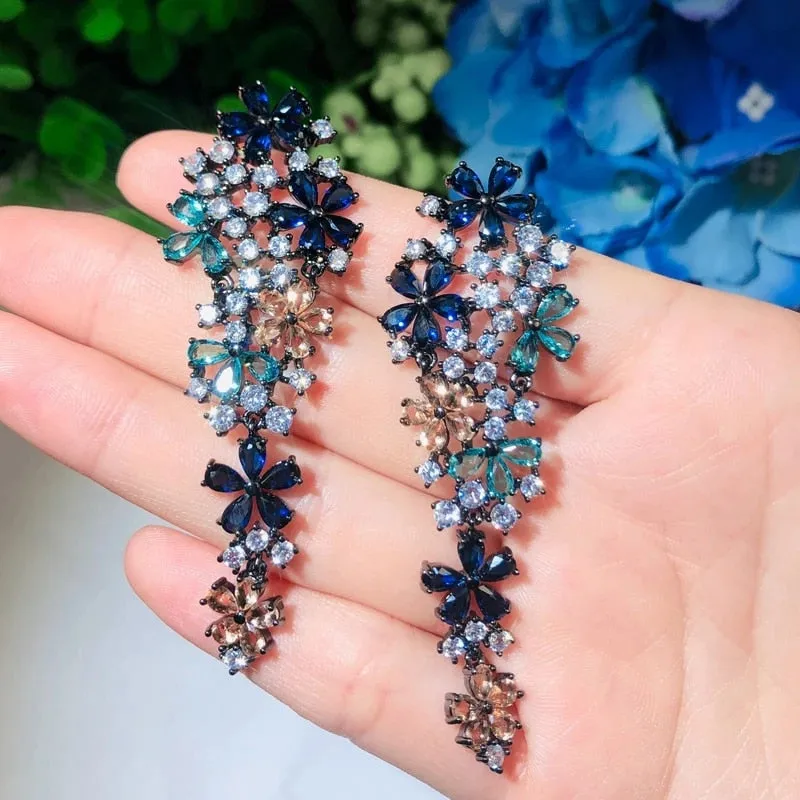 Long Drop Flower Multi Color Blue Cubic Zirconia Fashion Statement Earrings