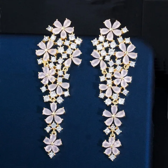 Long Drop Flower Multi Color Blue Cubic Zirconia Fashion Statement Earrings