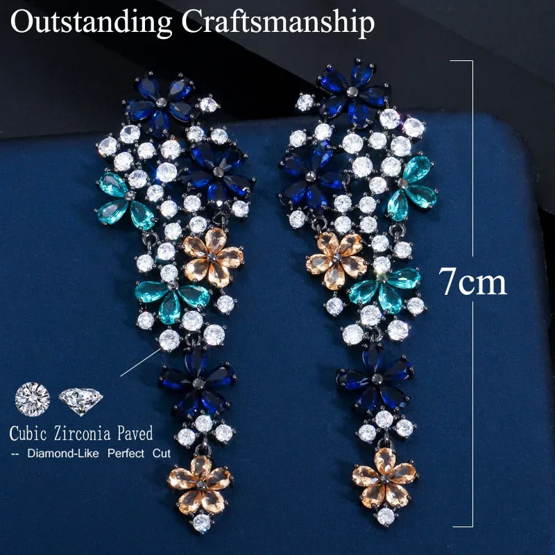 Long Drop Flower Multi Color Blue Cubic Zirconia Fashion Statement Earrings