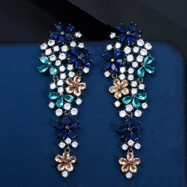 Long Drop Flower Multi Color Blue Cubic Zirconia Fashion Statement Earrings