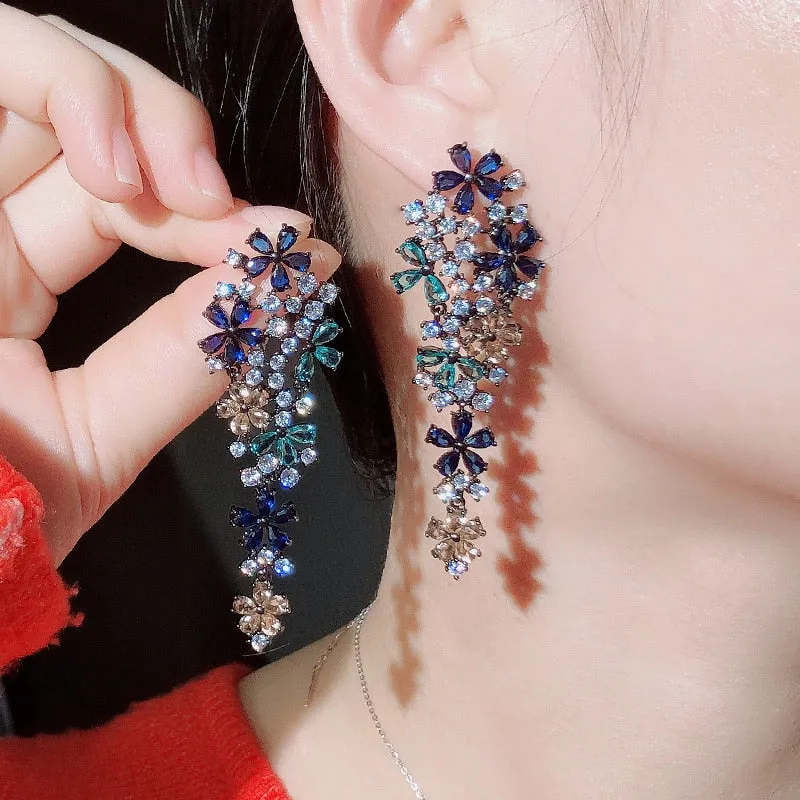 Long Drop Flower Multi Color Blue Cubic Zirconia Fashion Statement Earrings