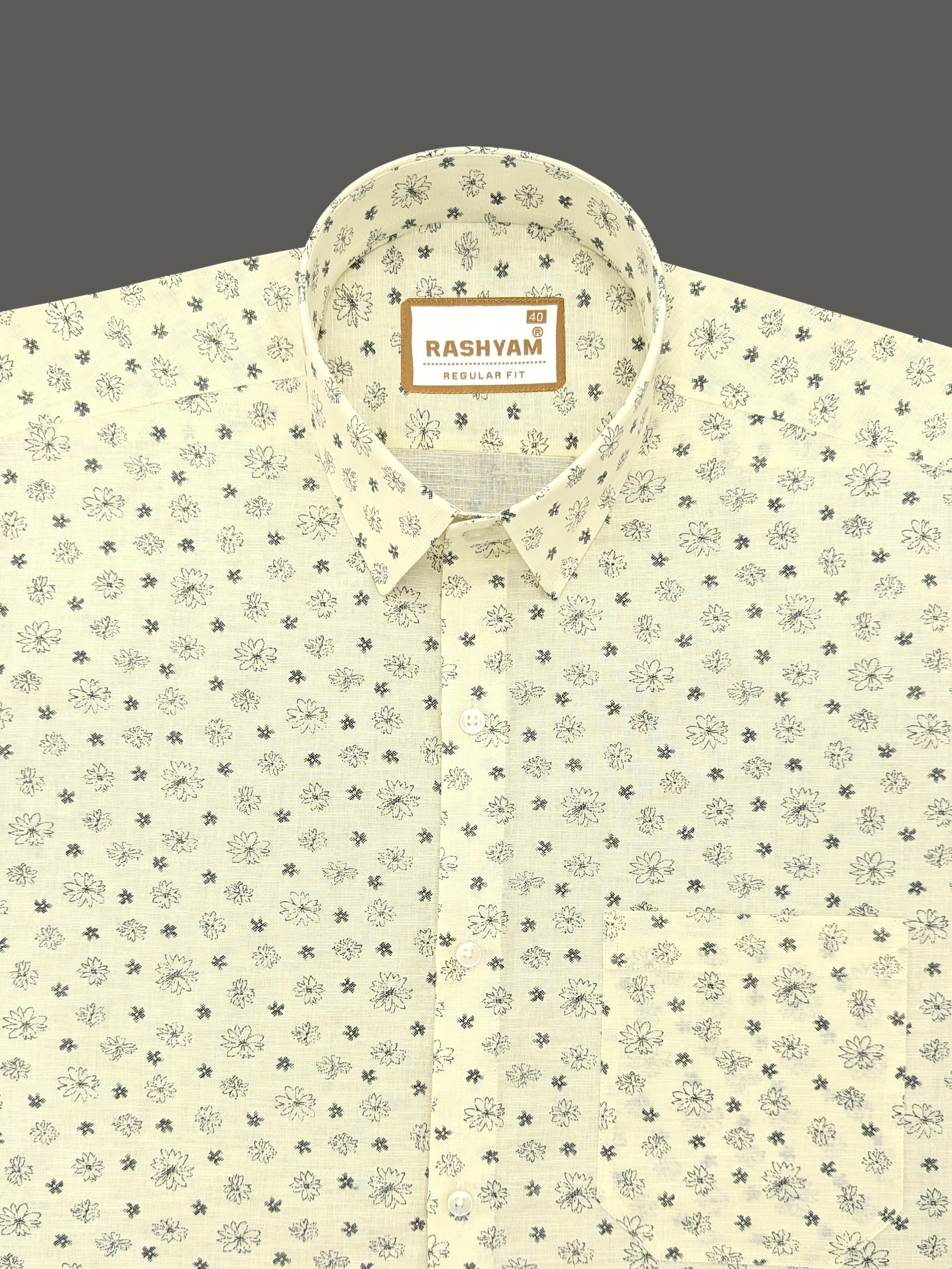 Luxurious Italian Linen Cotton Creamy Yellow With Flower Printed Shirt