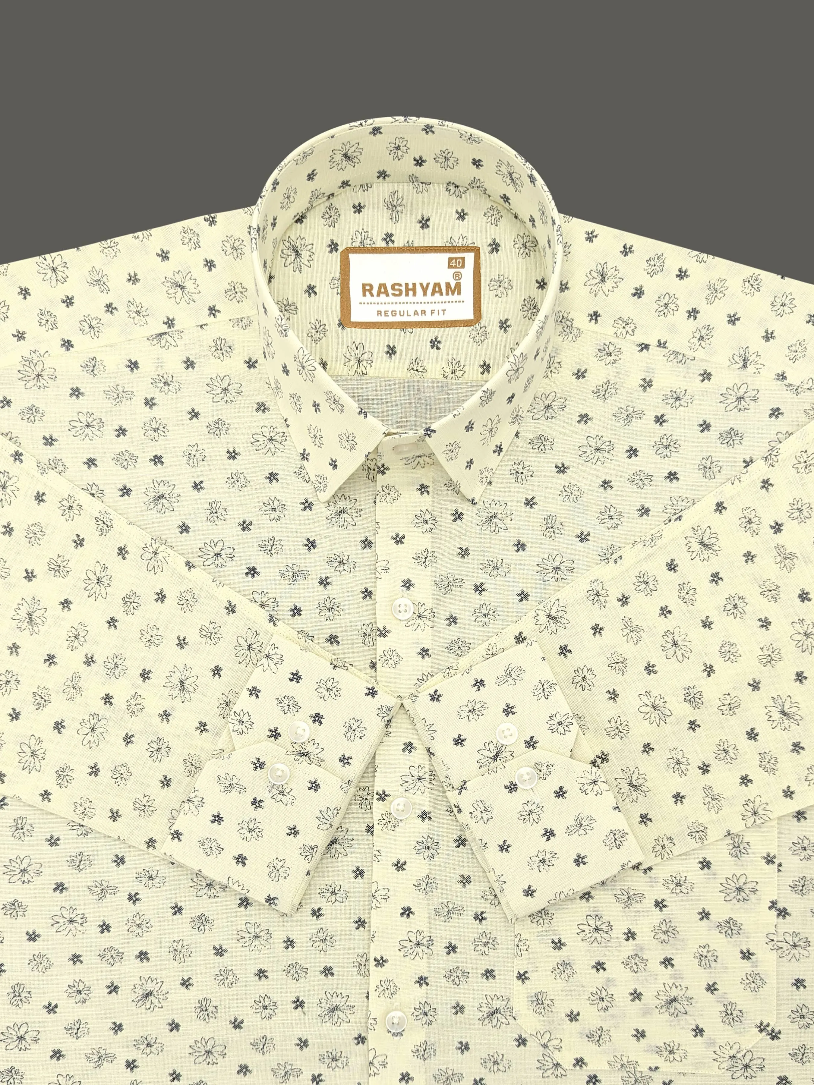 Luxurious Italian Linen Cotton Creamy Yellow With Flower Printed Shirt