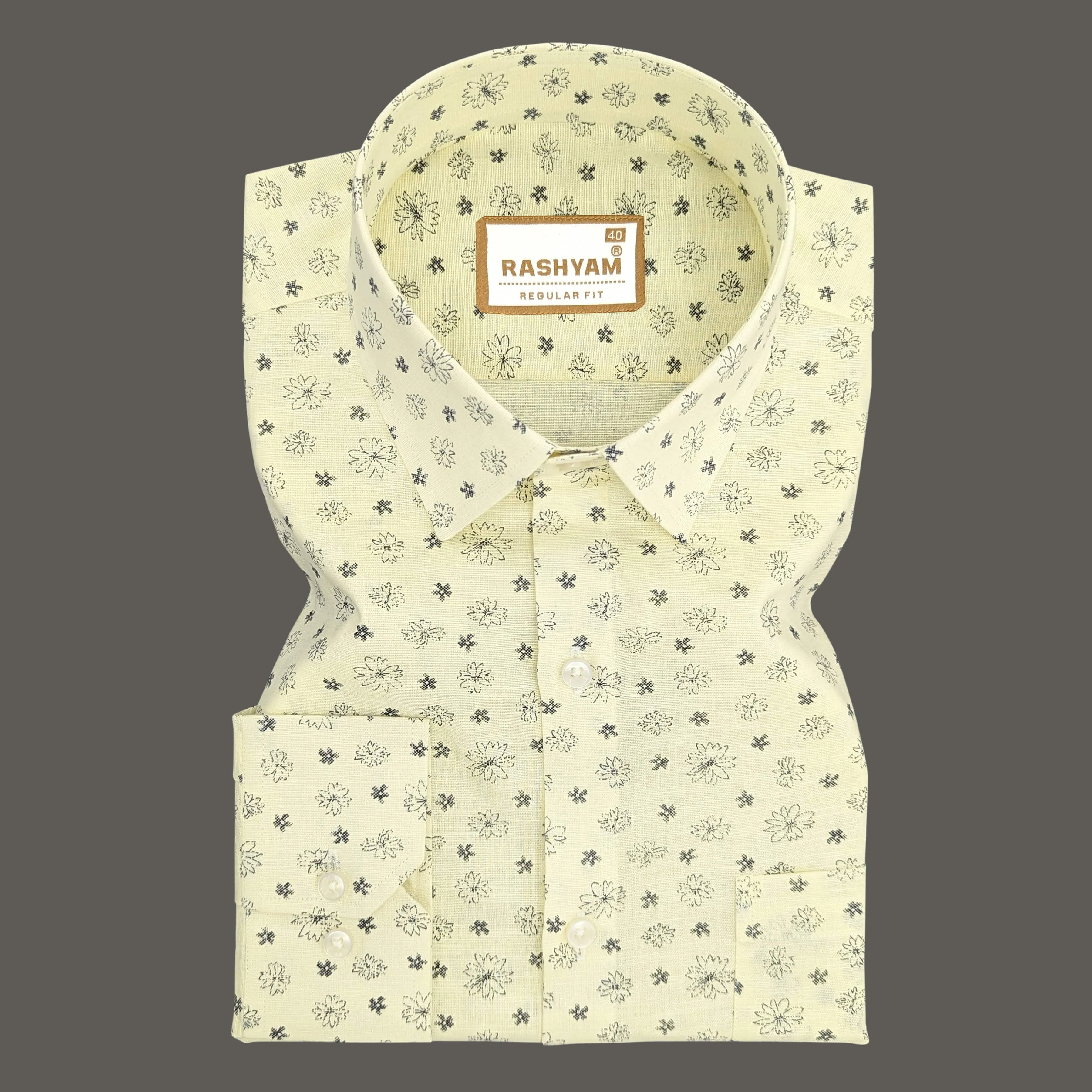 Luxurious Italian Linen Cotton Creamy Yellow With Flower Printed Shirt