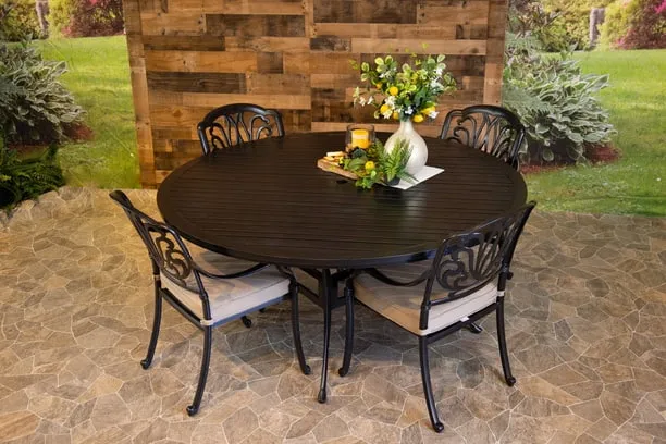 LYNNWOOD 5 PIECE DINING SET - 66" Round Stone Harbor Dining Table and 4 Chairs