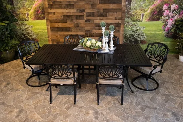 LYNNWOOD 7 PIECE DINING SET - 46" x 93" Stone Harbor Dining Table, 4 Chairs and 2 Swivel Chairs