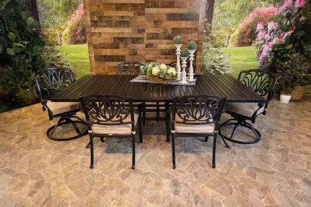 LYNNWOOD 7 PIECE DINING SET - 46" x 93" Stone Harbor Dining Table, 4 Chairs and 2 Swivel Chairs