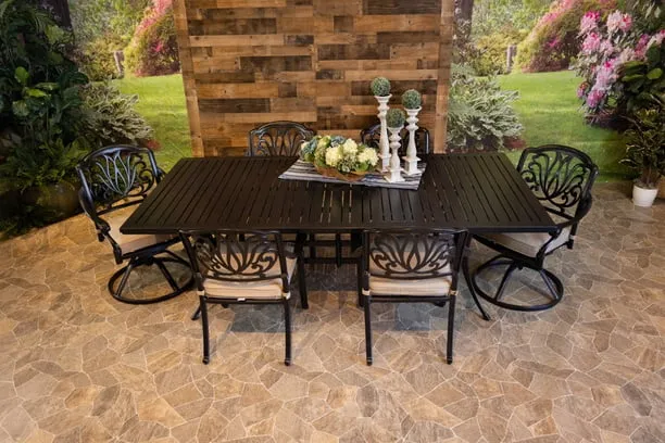 LYNNWOOD 7 PIECE DINING SET - 46" x 93" Stone Harbor Dining Table, 4 Chairs and 2 Swivel Chairs