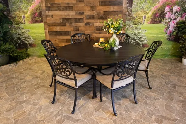 LYNNWOOD 7 PIECE DINING SET - 66" Round Stone Harbor Dining Table and 6 Chairs