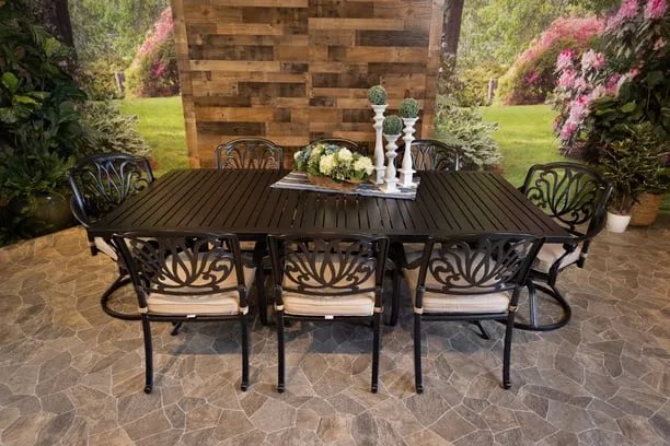 LYNNWOOD 9 PIECE DINING SET - 46" x 93" Stone Harbor Dining Table, 6 Chairs and 2 Swivel Chairs