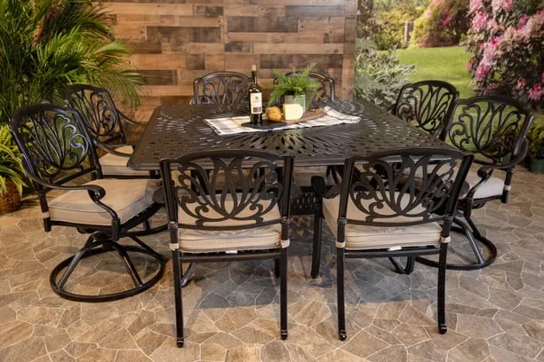 LYNNWOOD 9 PIECE DINING SET - 64" x 64" Square Chelsea Dining Table, 4 Chairs and 4 Swivel Chairs