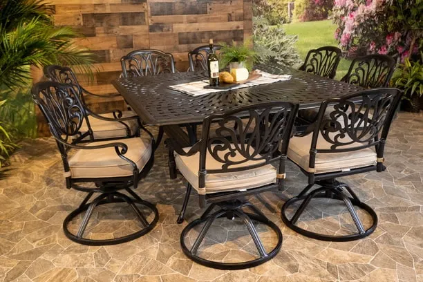 LYNNWOOD 9 PIECE DINING SET - 64" x 64" Square Chelsea Dining Table and 8 Swivel Chairs