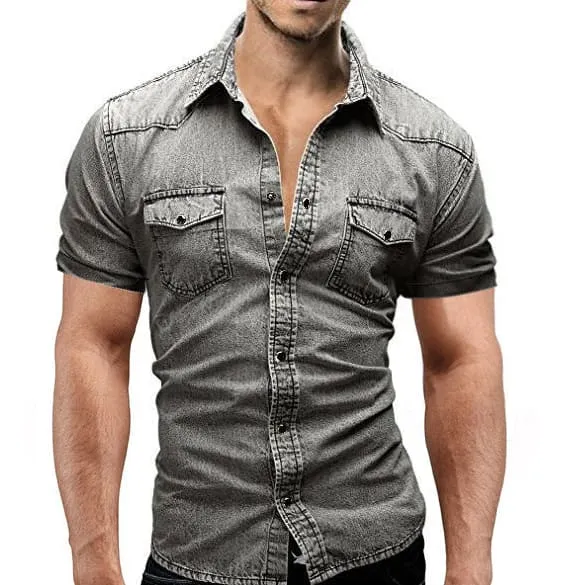 Men Lapel Collar Flap Pocket Buttoned Denim Shirt