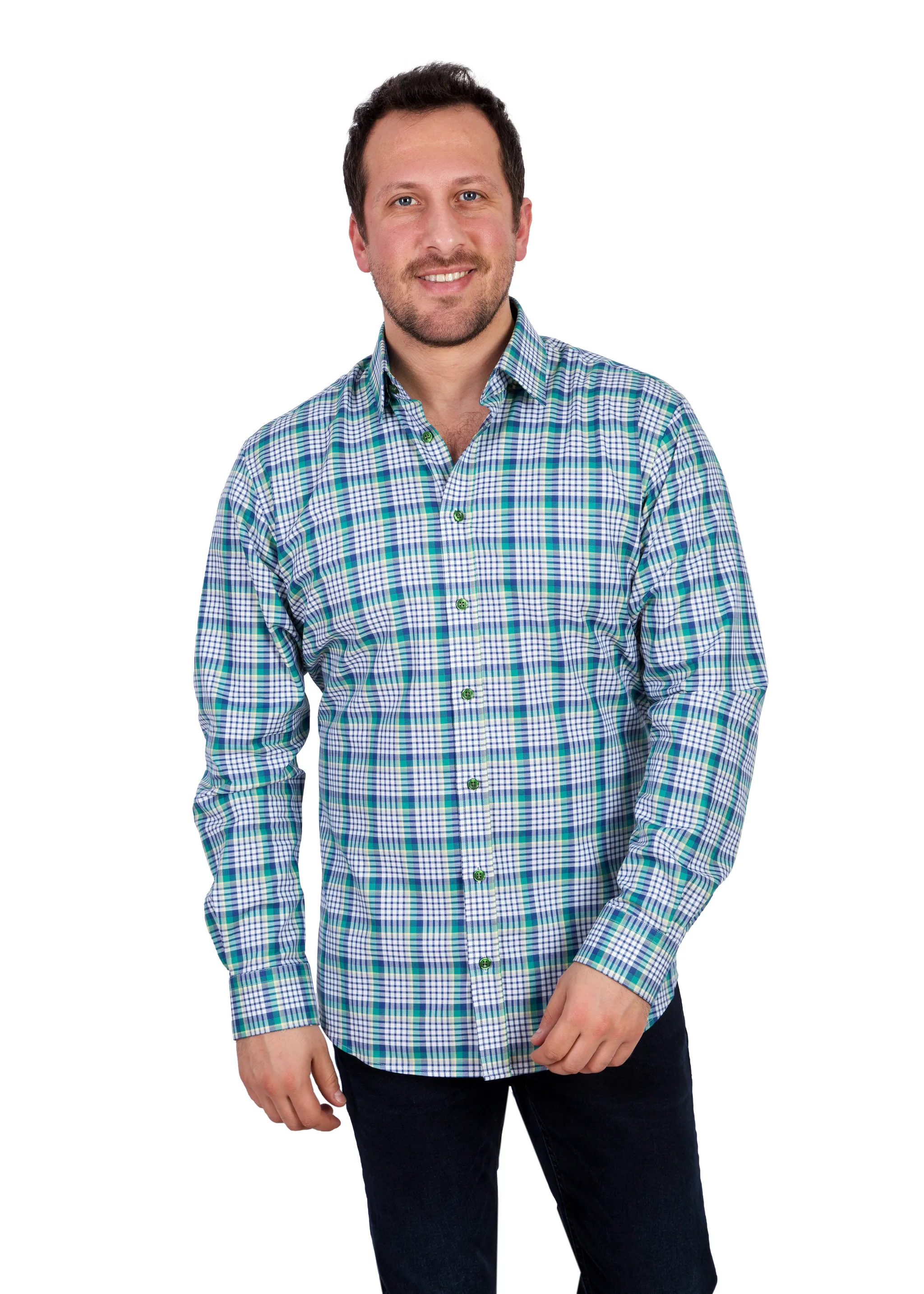 Men's 100% Cotton Emerald Green Check Oxford Hidden Button-Down Collar, Single Cuff Shirt