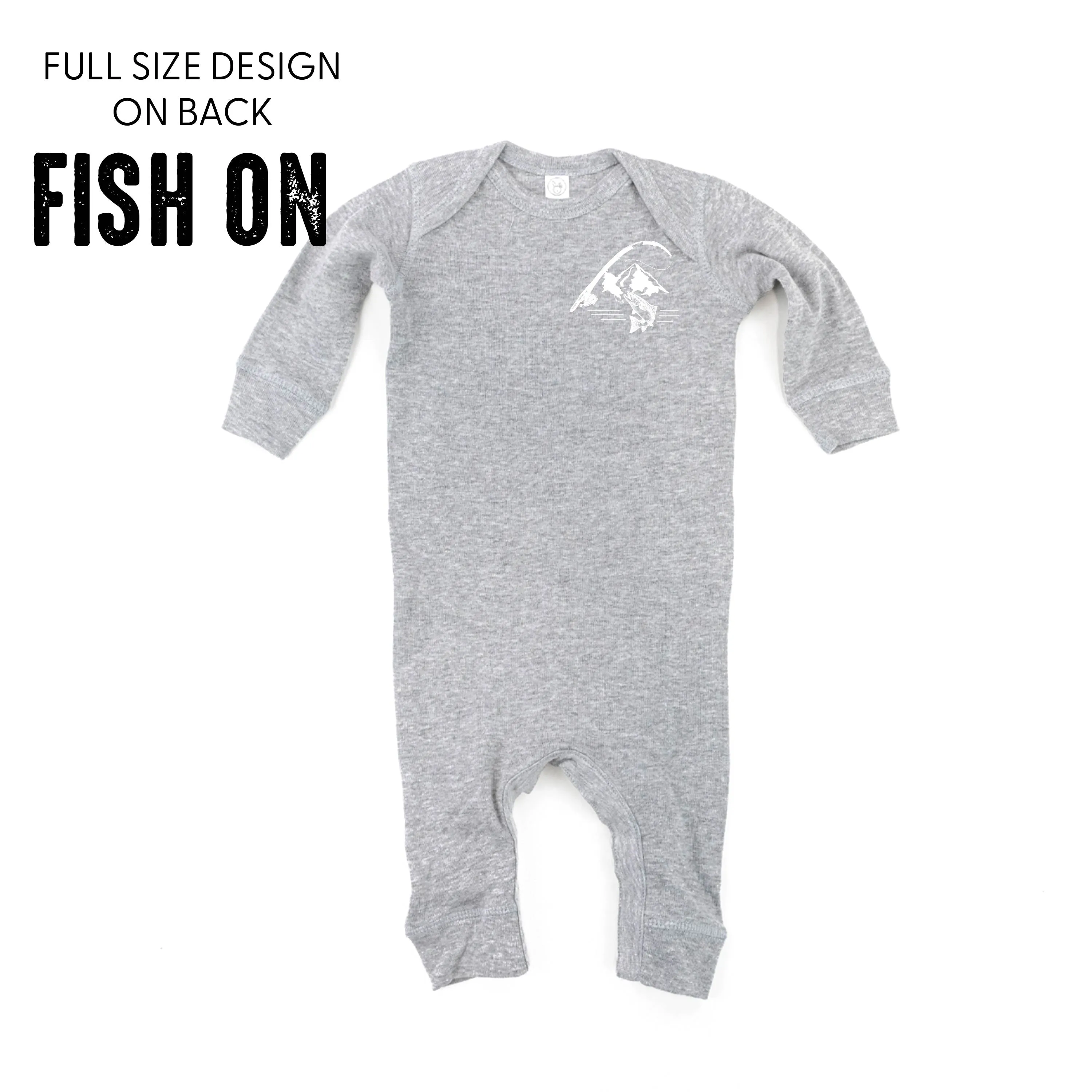 Mountain Fish & Pole Pocket Design on Front w/ FISH ON on Back - One Piece Baby Sleeper