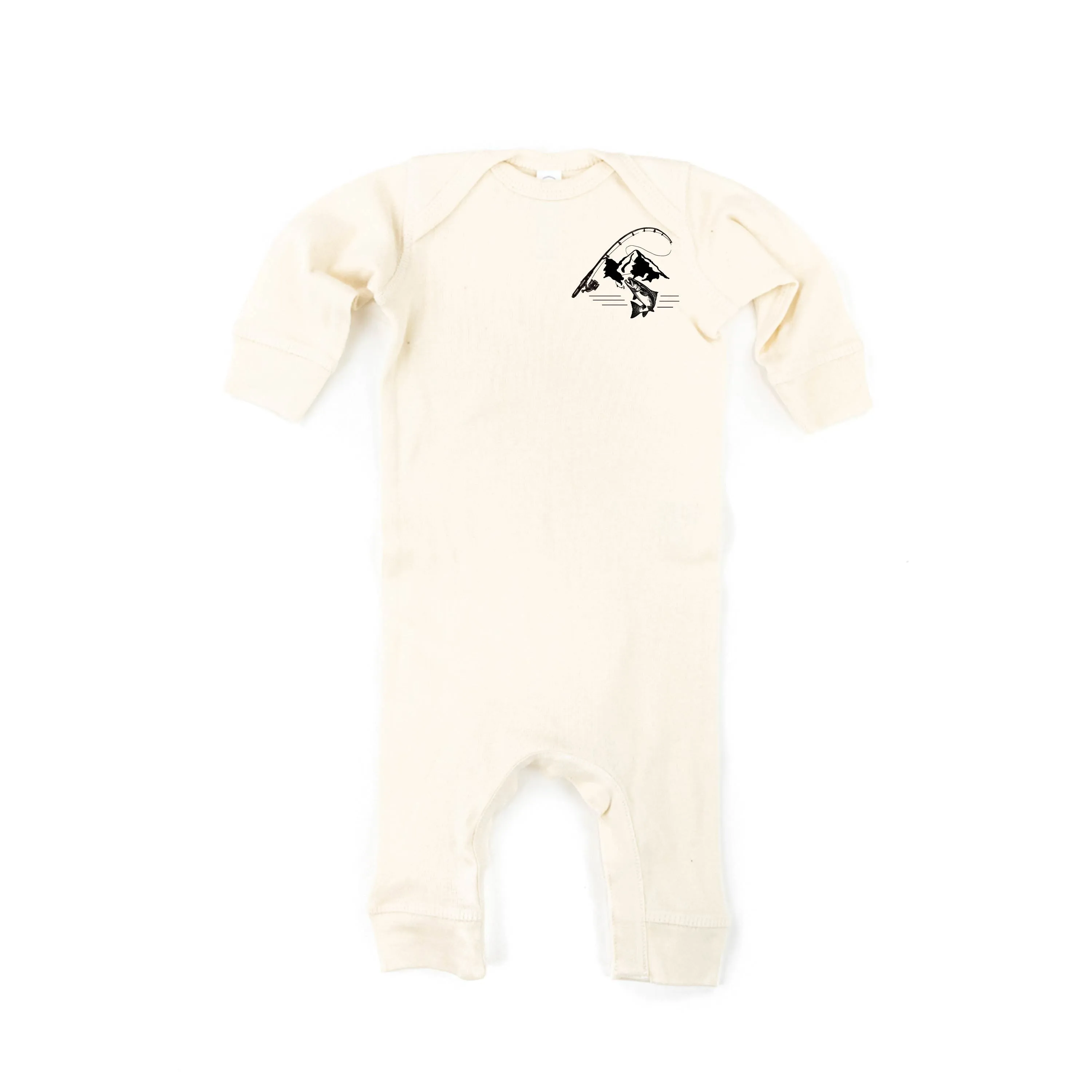 Mountain Fish & Pole Pocket Design on Front w/ FISH ON on Back - One Piece Baby Sleeper