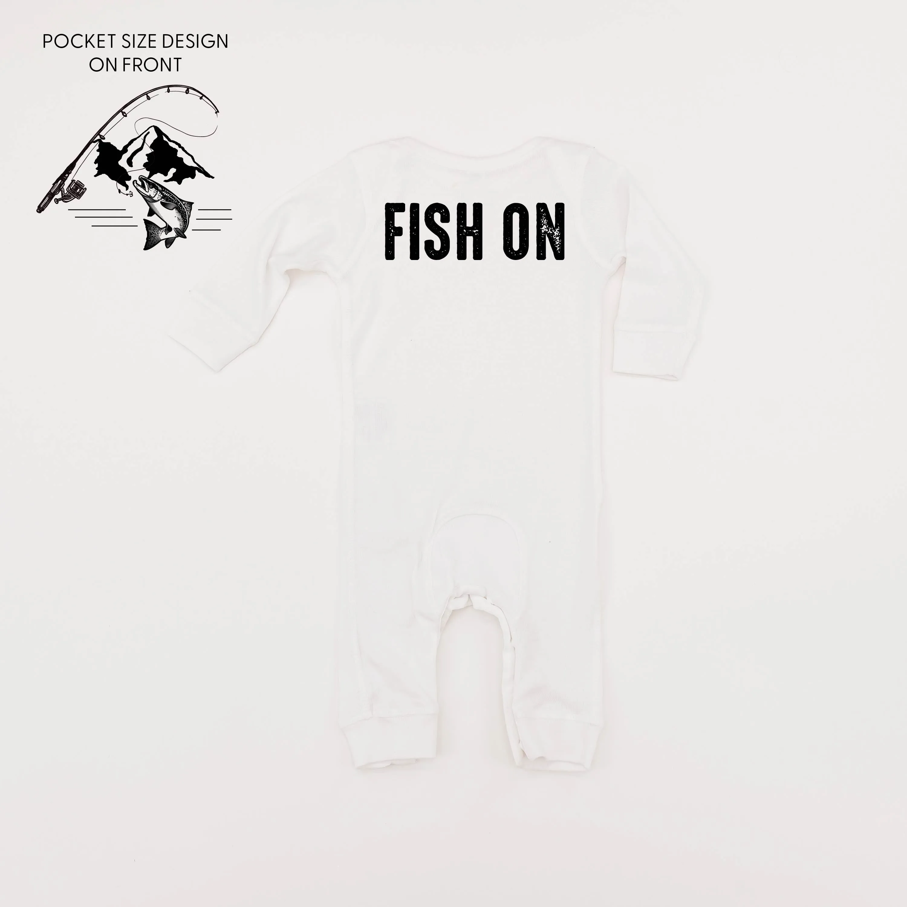 Mountain Fish & Pole Pocket Design on Front w/ FISH ON on Back - One Piece Baby Sleeper