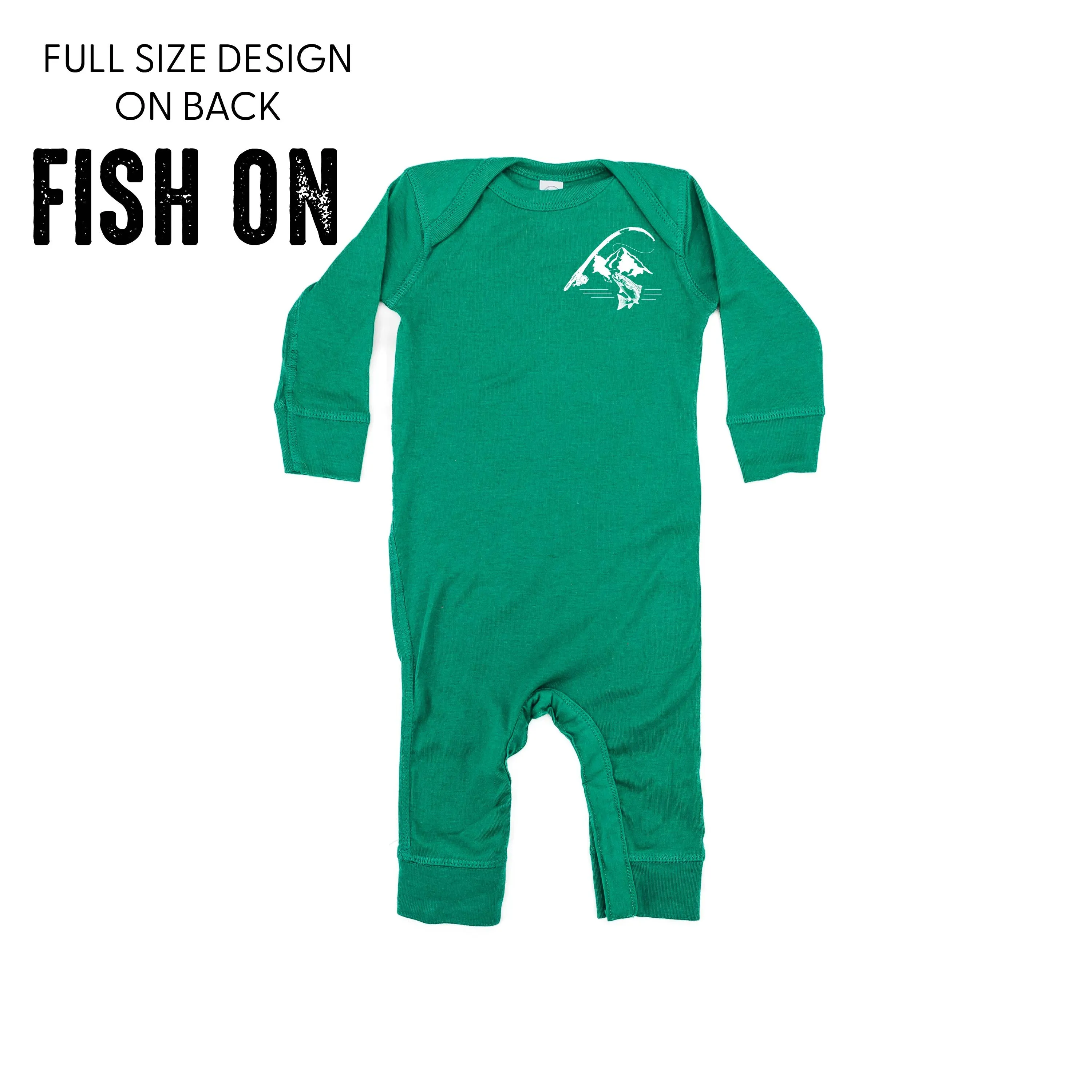 Mountain Fish & Pole Pocket Design on Front w/ FISH ON on Back - One Piece Baby Sleeper