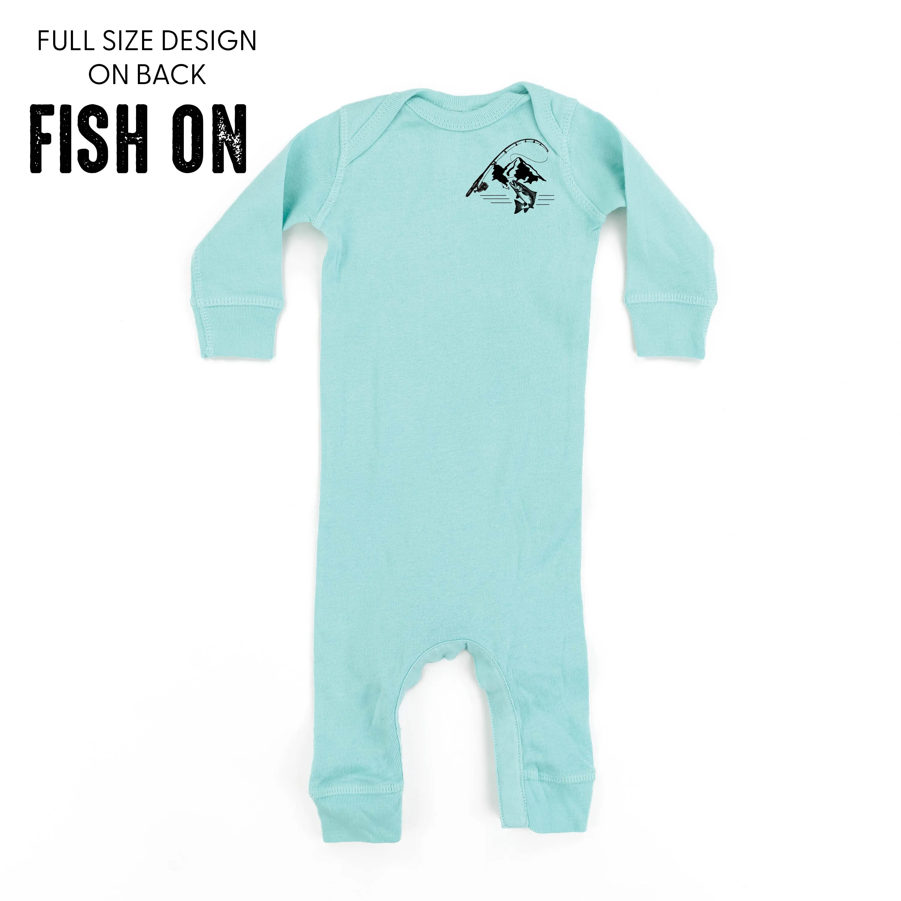 Mountain Fish & Pole Pocket Design on Front w/ FISH ON on Back - One Piece Baby Sleeper