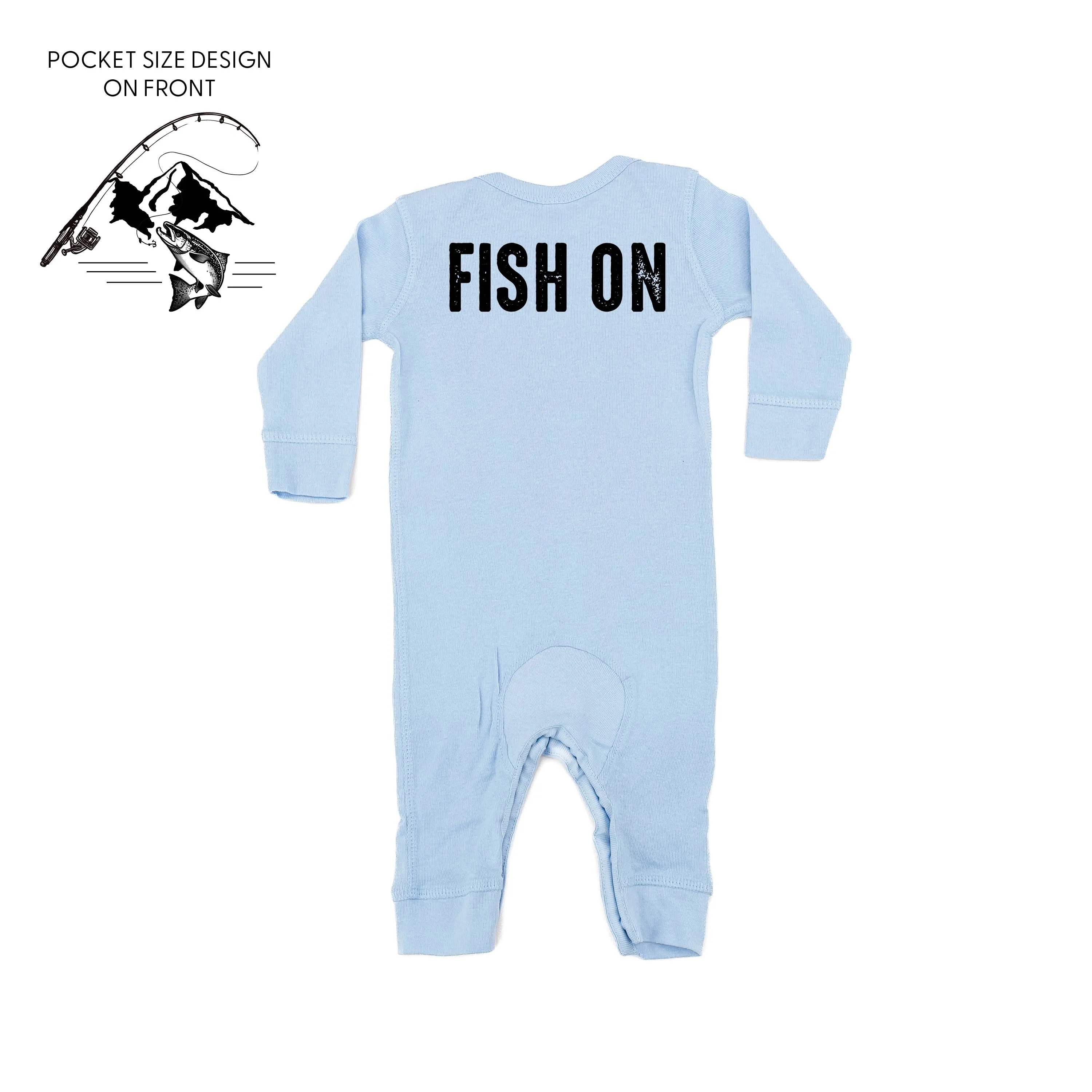 Mountain Fish & Pole Pocket Design on Front w/ FISH ON on Back - One Piece Baby Sleeper