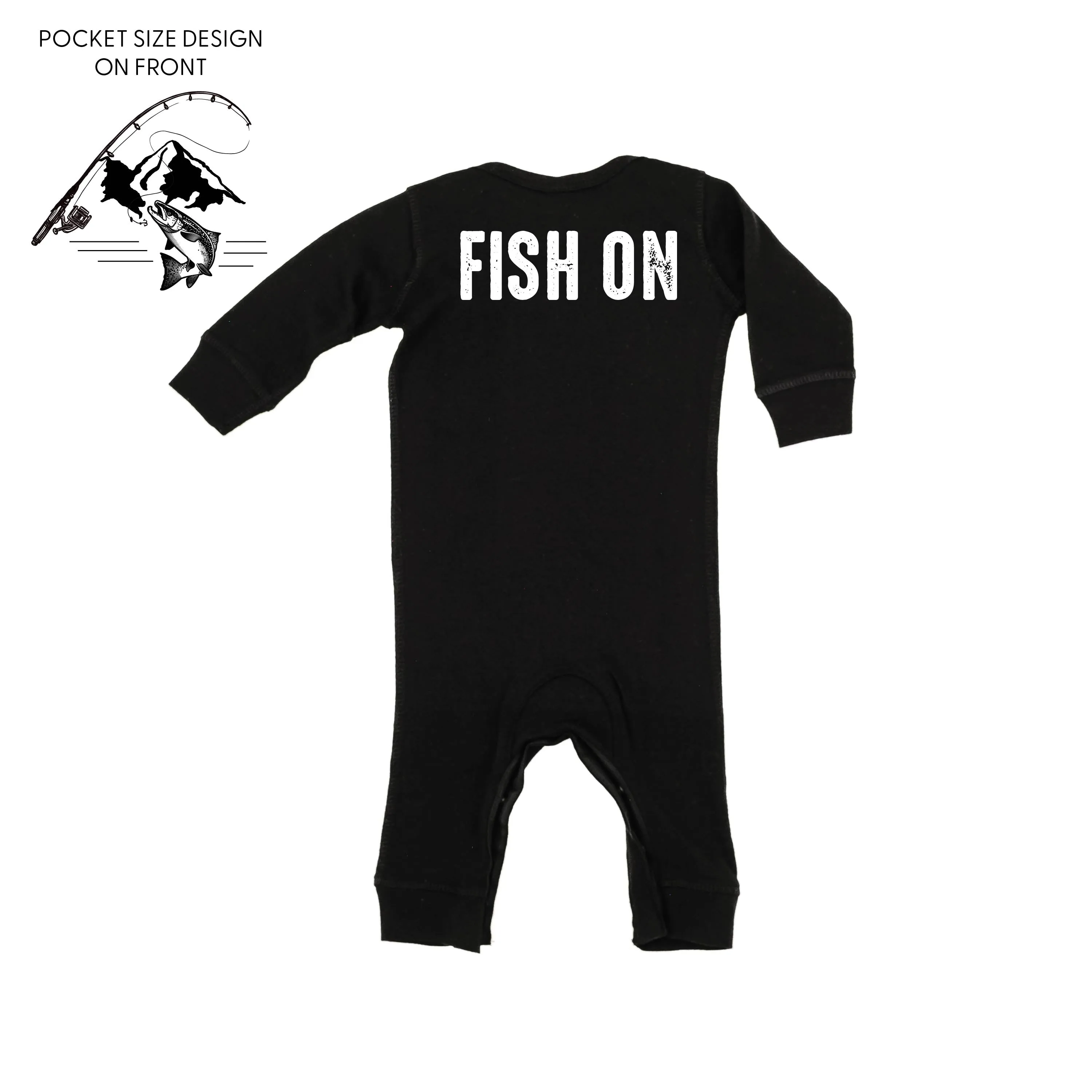 Mountain Fish & Pole Pocket Design on Front w/ FISH ON on Back - One Piece Baby Sleeper