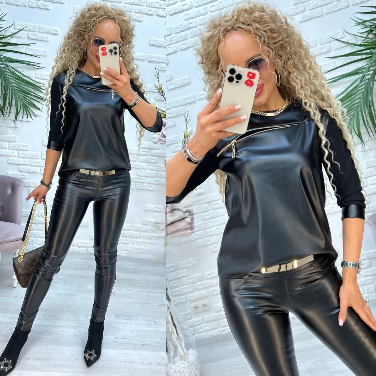 Pant Suit Black Eco Leather Stylish Fashion Women Clothes