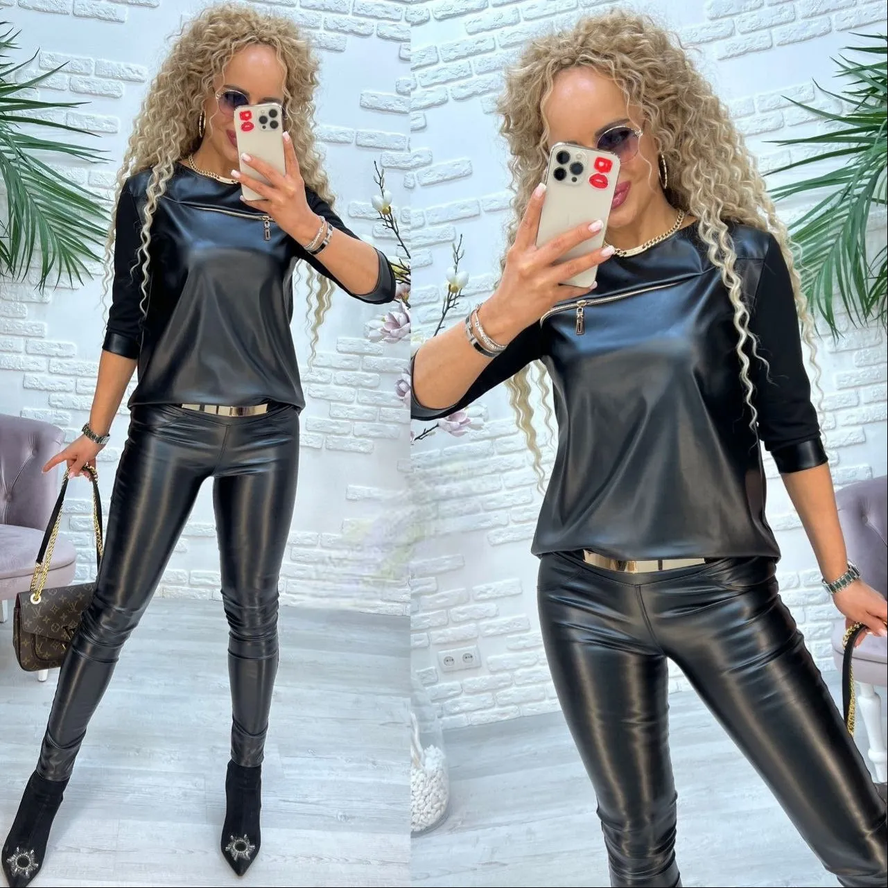 Pant Suit Black Eco Leather Stylish Fashion Women Clothes