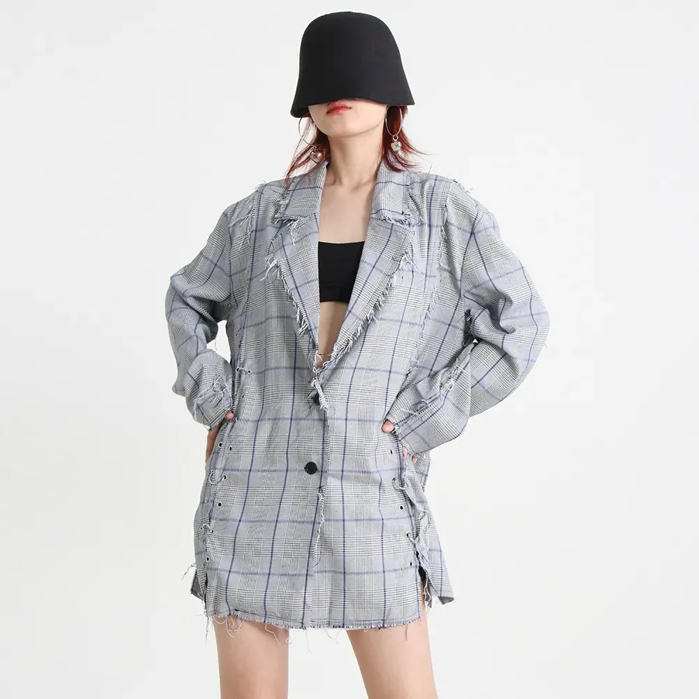 Plaid Blazers For Women Notched Collar Long Sleeve Patchwork Single Breasted Slim Temperament Blazer Female