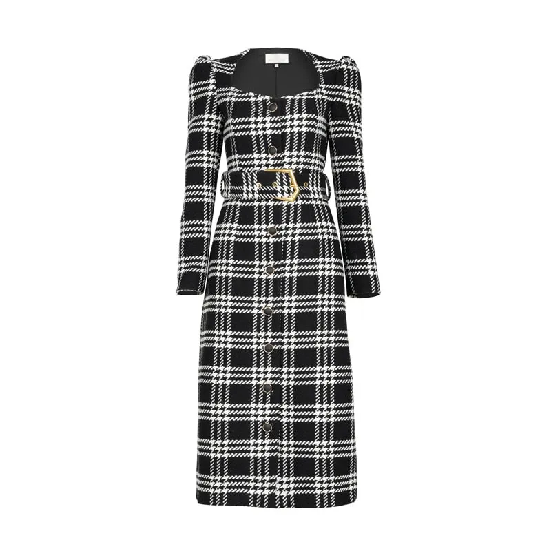 Plaid Dress Coat For Women Square Collar Long Sleeve High Waist With Sashes Elegant Coat Female Fashion Autumn