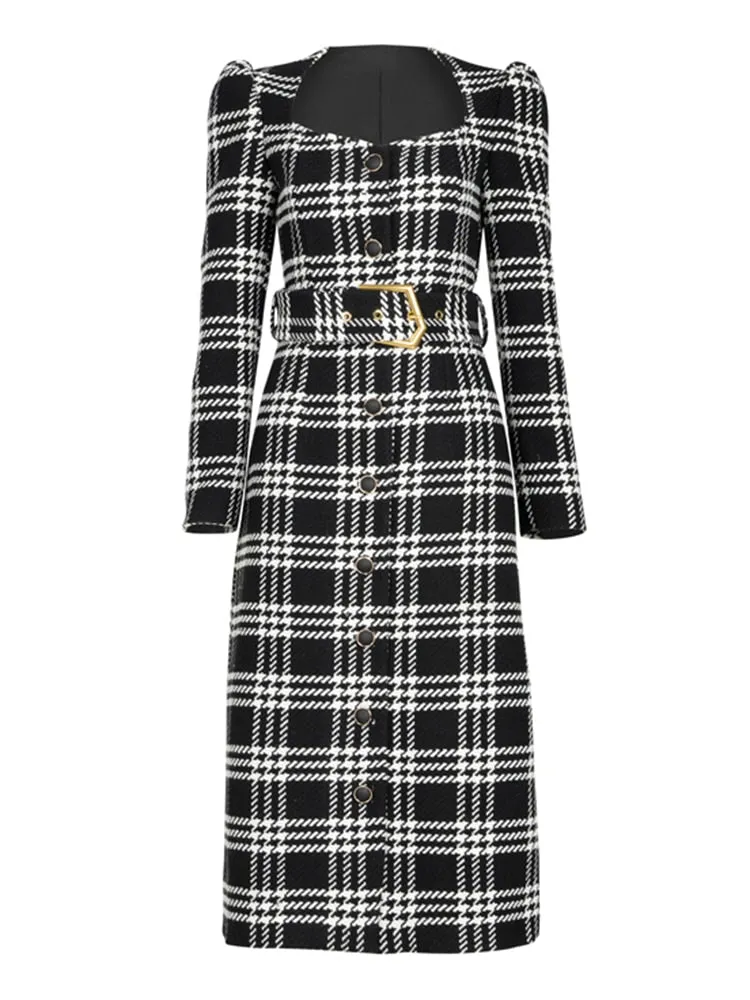 Plaid Dress Coat For Women Square Collar Long Sleeve High Waist With Sashes Elegant Coat Female Fashion Autumn