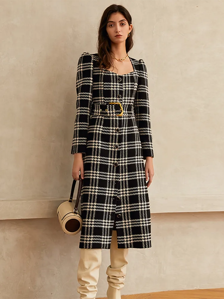 Plaid Dress Coat For Women Square Collar Long Sleeve High Waist With Sashes Elegant Coat Female Fashion Autumn