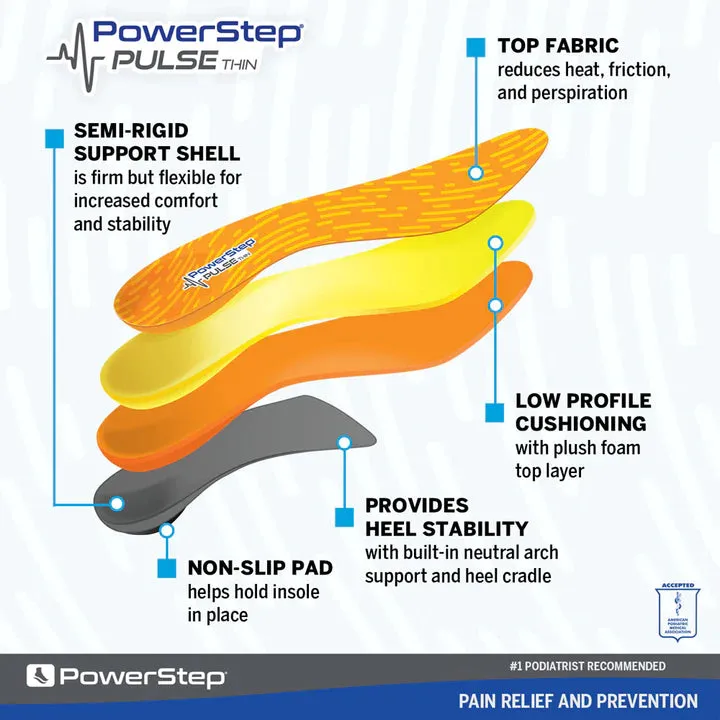 PowerStep PULSE Thin Insoles | Arch Pain Relief Insert, For Cleats and Spikes