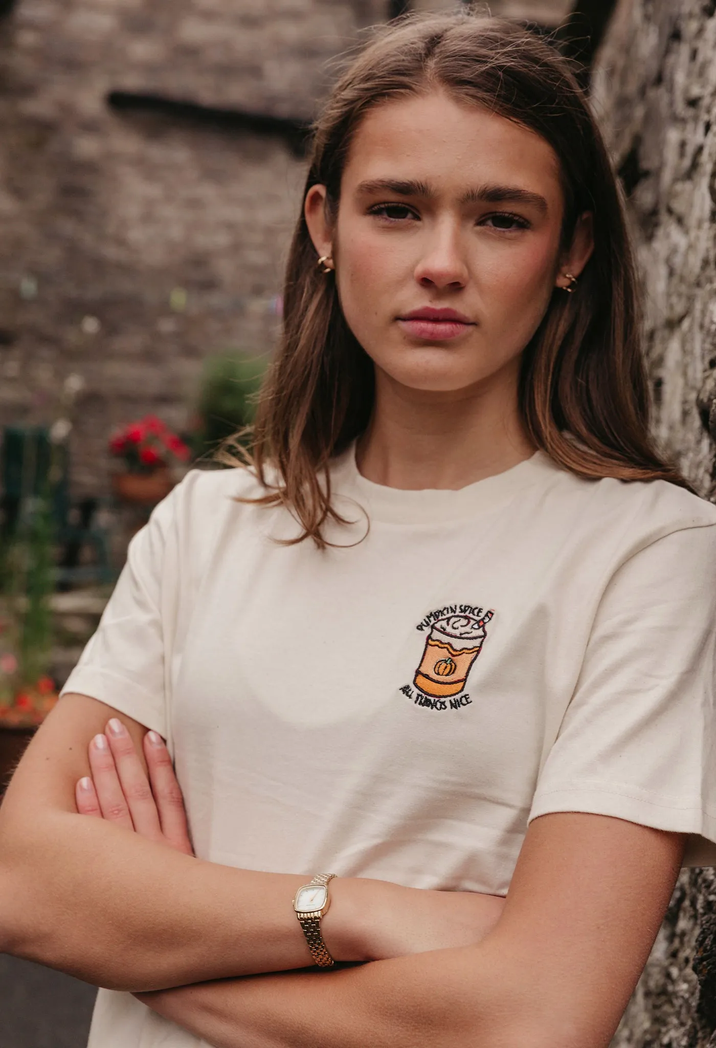 Pumpkin Latte Embroidered Organic Cotton T-Shirt