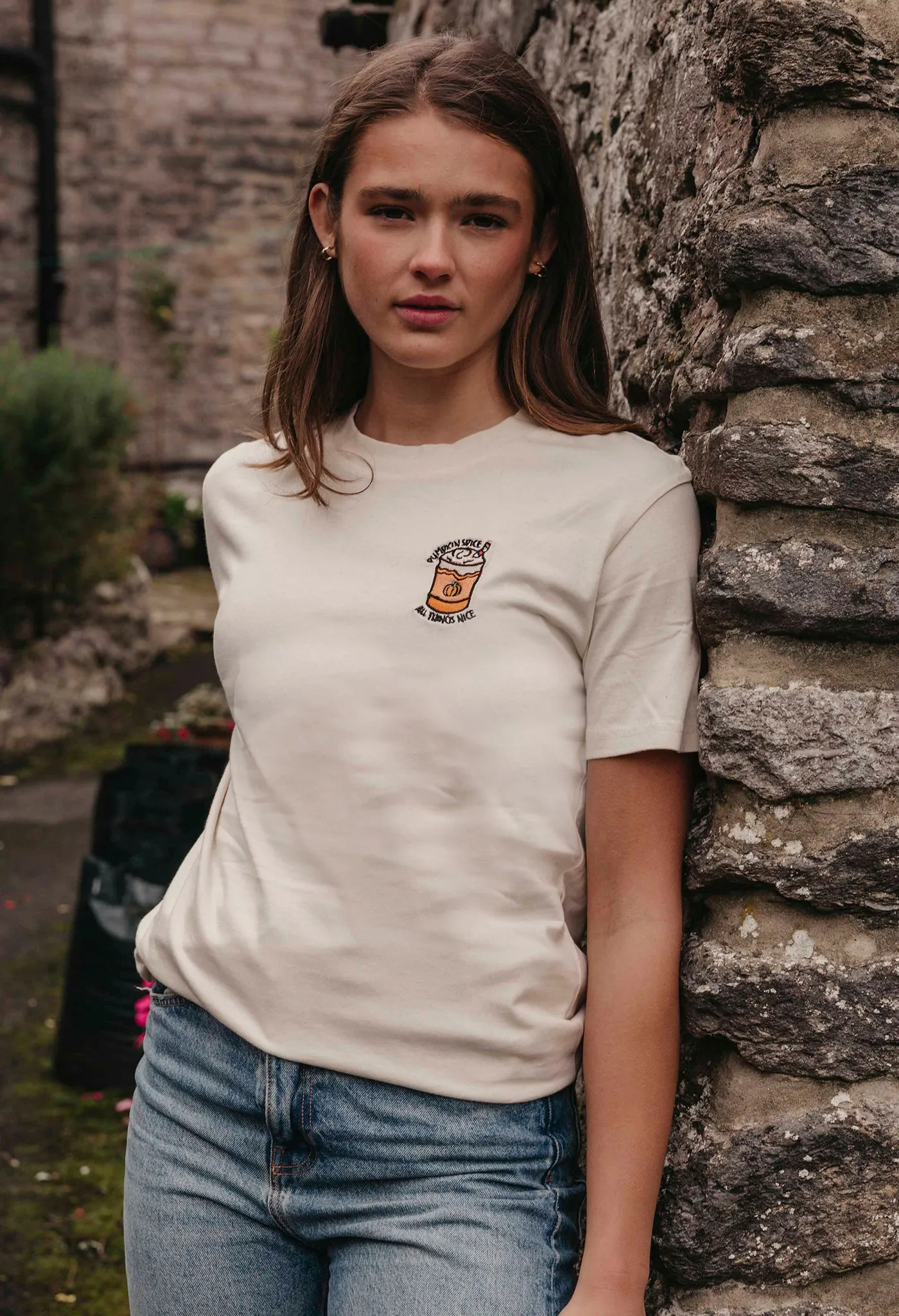 Pumpkin Latte Embroidered Organic Cotton T-Shirt