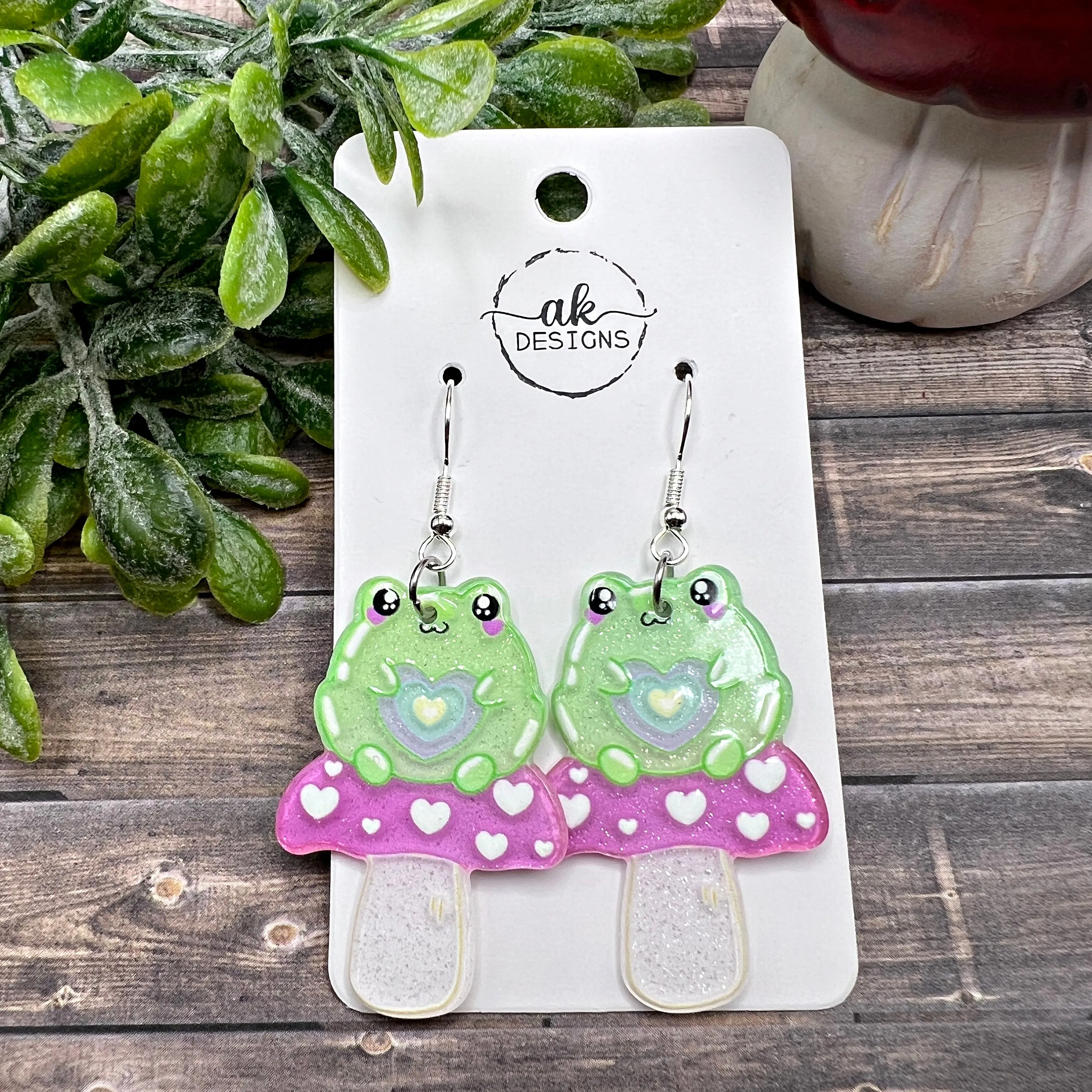 Rainbow Frog  Earrings - Acrylic Heart Mushroom Animal