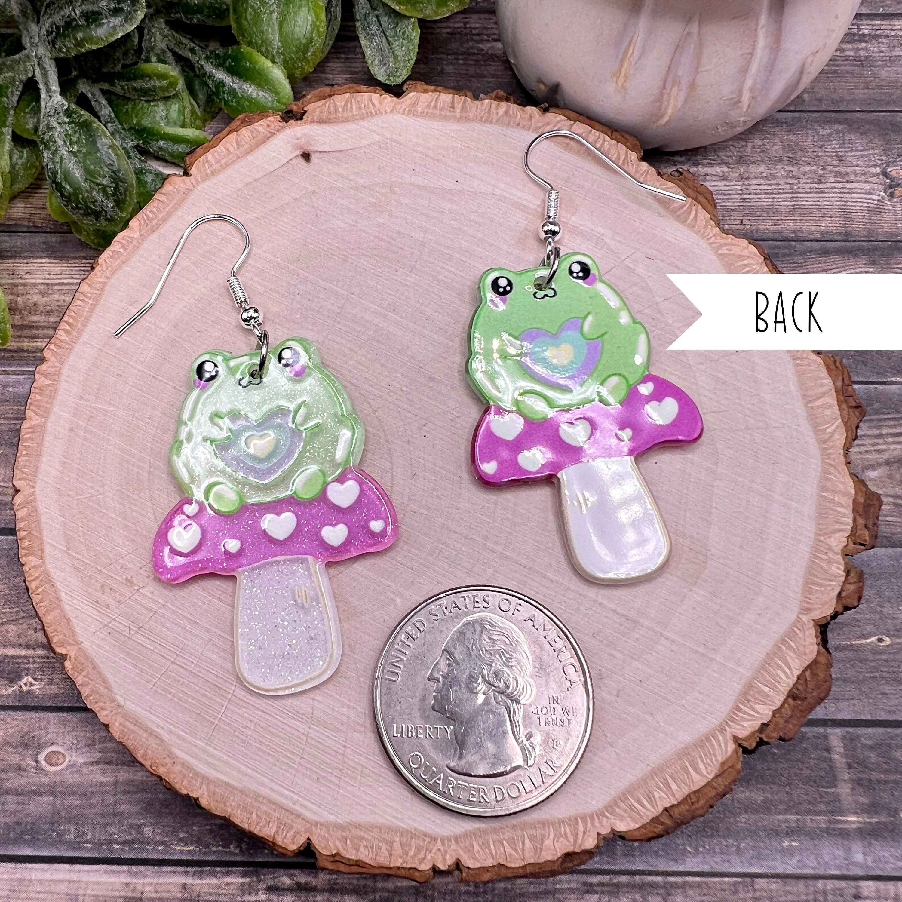 Rainbow Frog  Earrings - Acrylic Heart Mushroom Animal