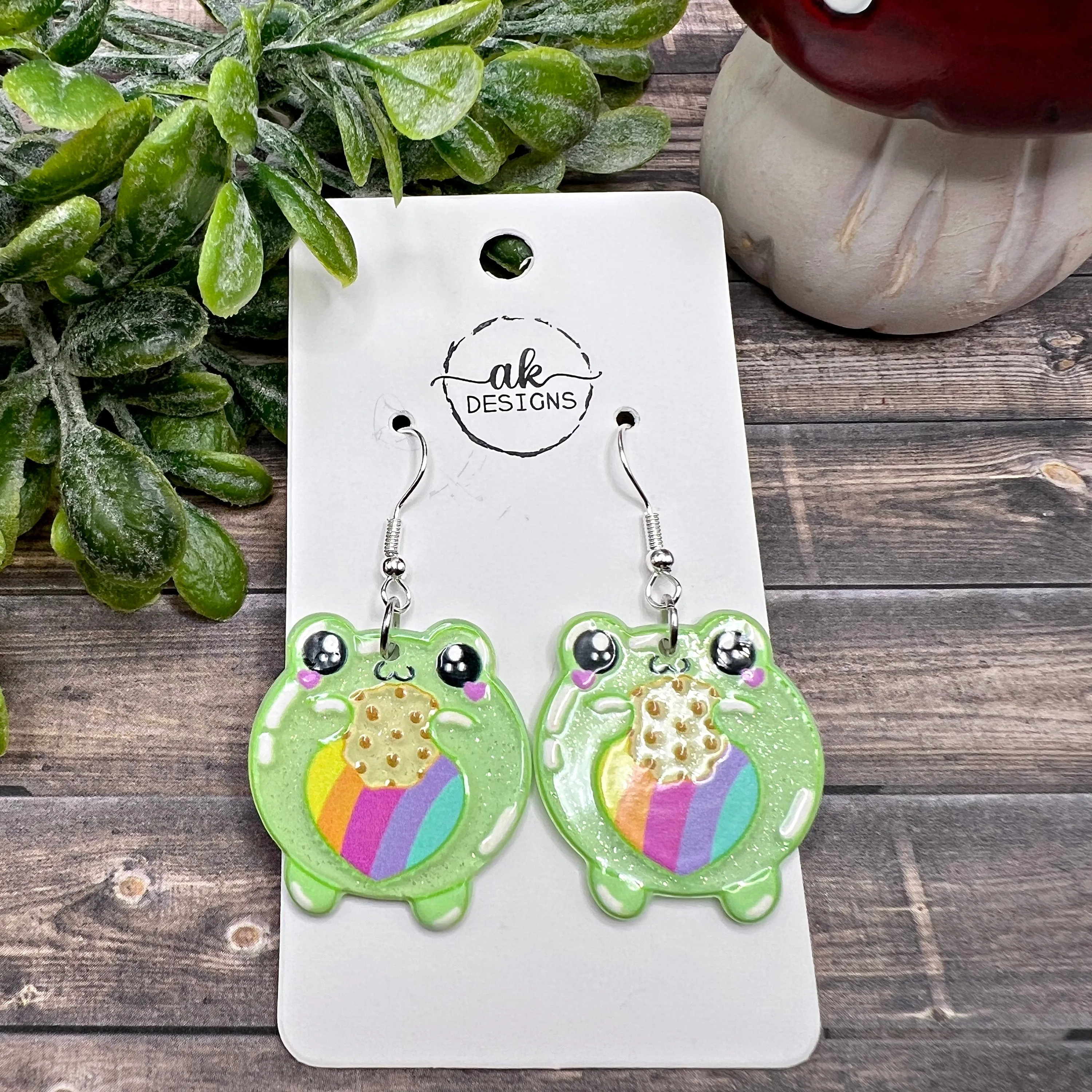 Rainbow Frog  Earrings - Acrylic Heart Mushroom Animal