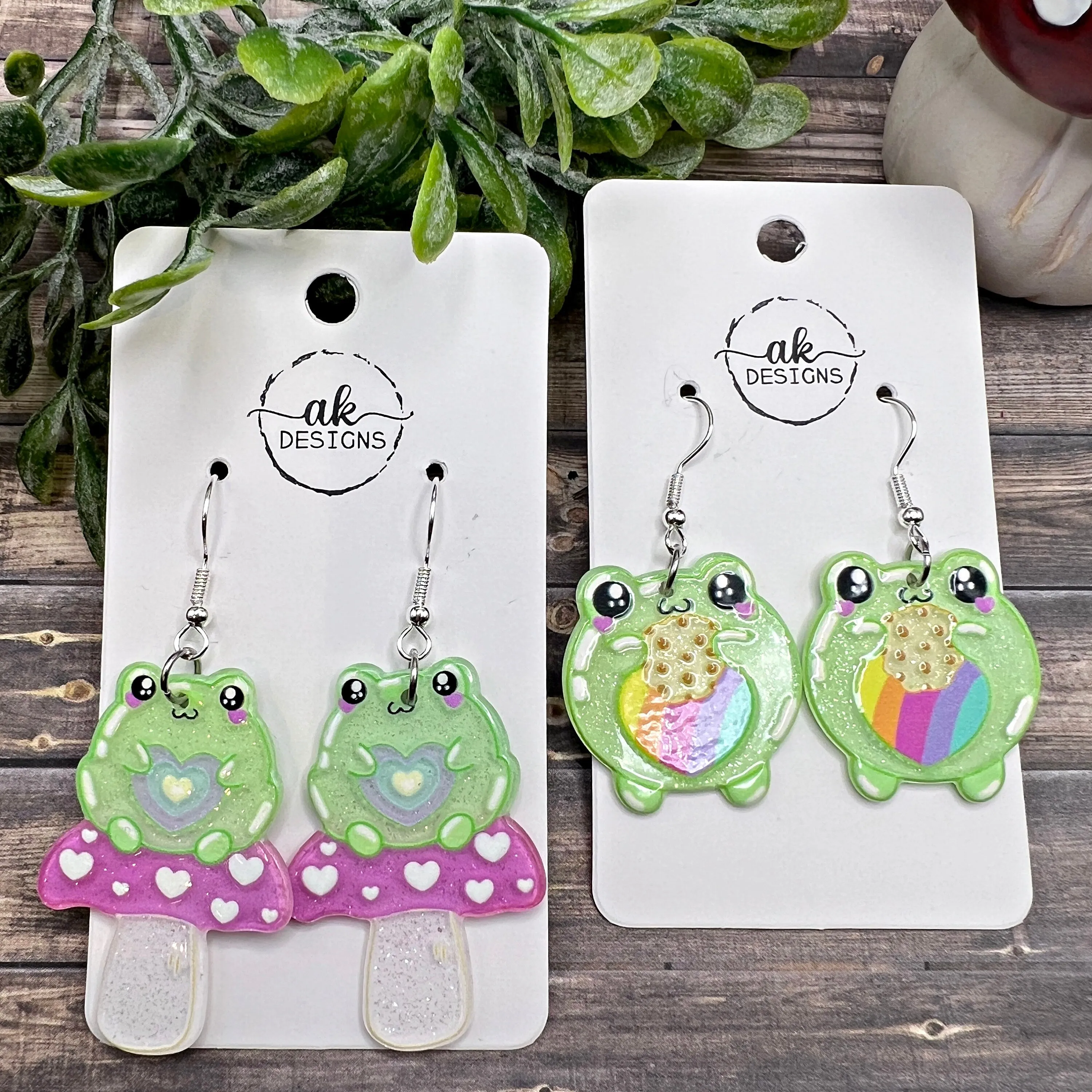 Rainbow Frog  Earrings - Acrylic Heart Mushroom Animal