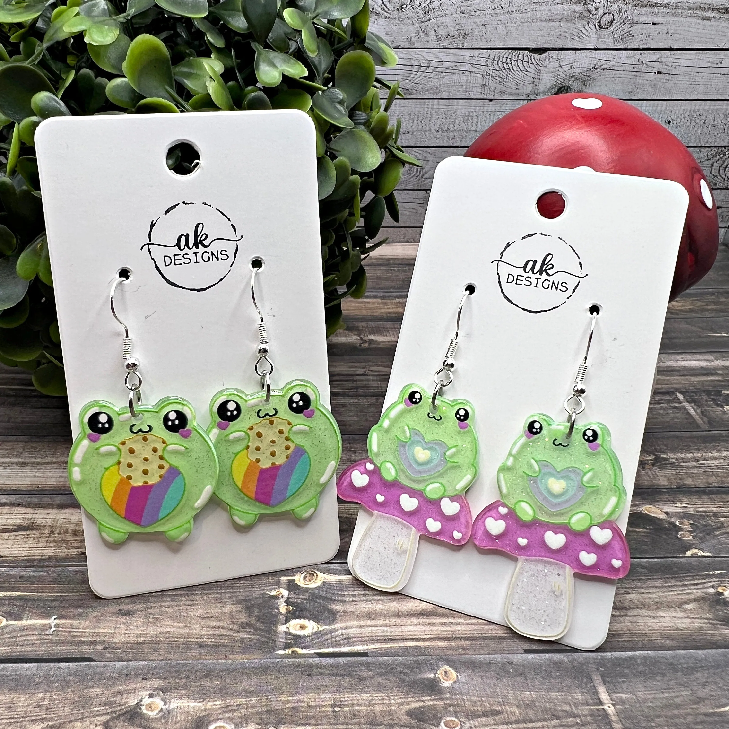 Rainbow Frog  Earrings - Acrylic Heart Mushroom Animal