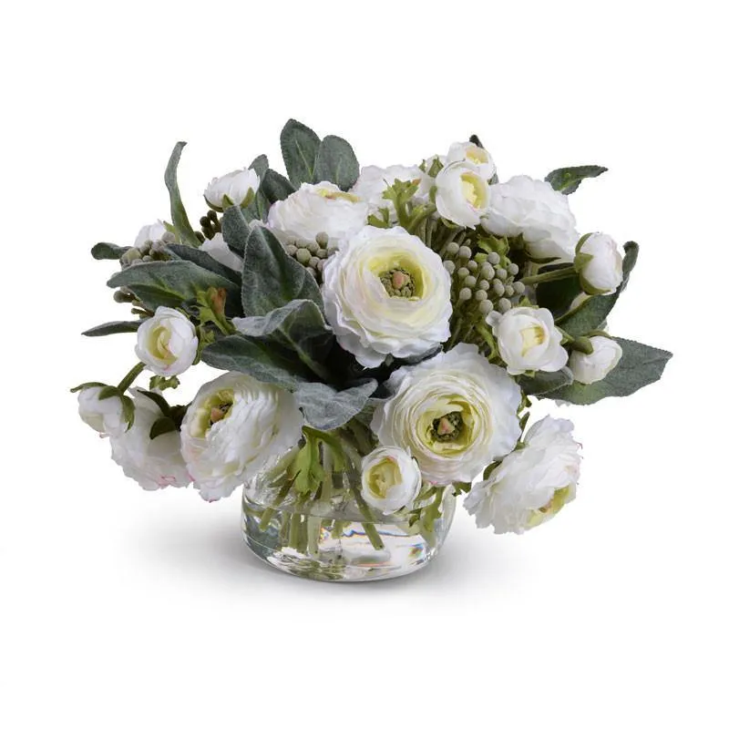 Ranunculus, Lamb's Ear, Silver Brunia Arrangement 12"H