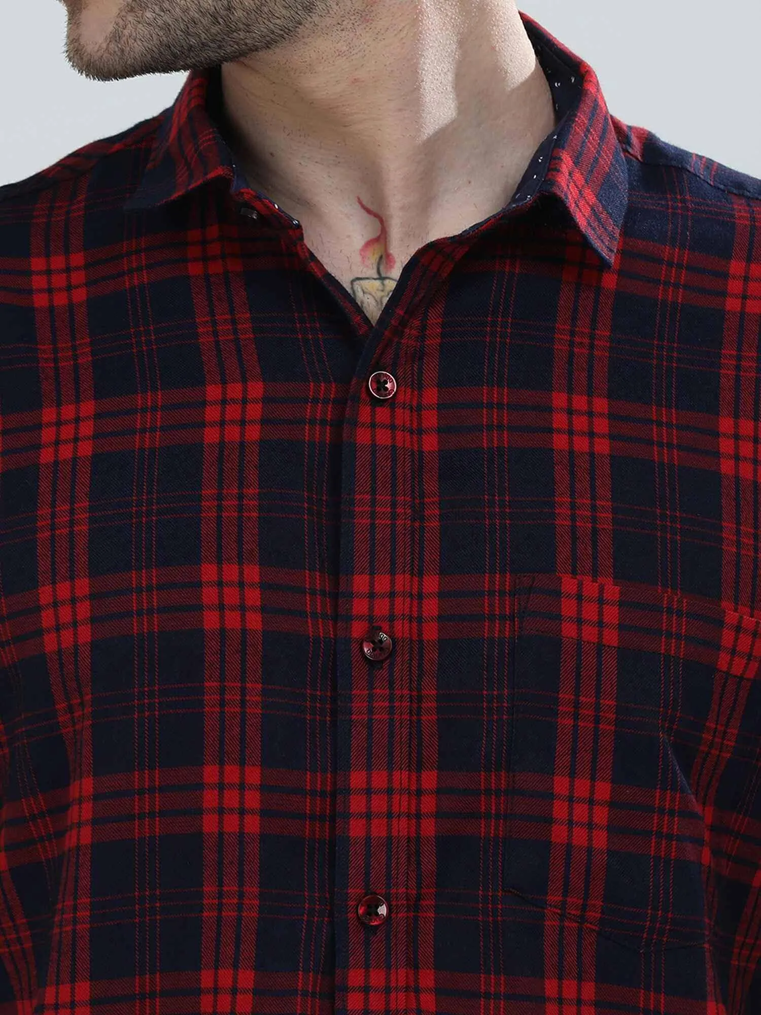 Red and Blue Indigo Cotton Check Half Shirt Men's Plus Size