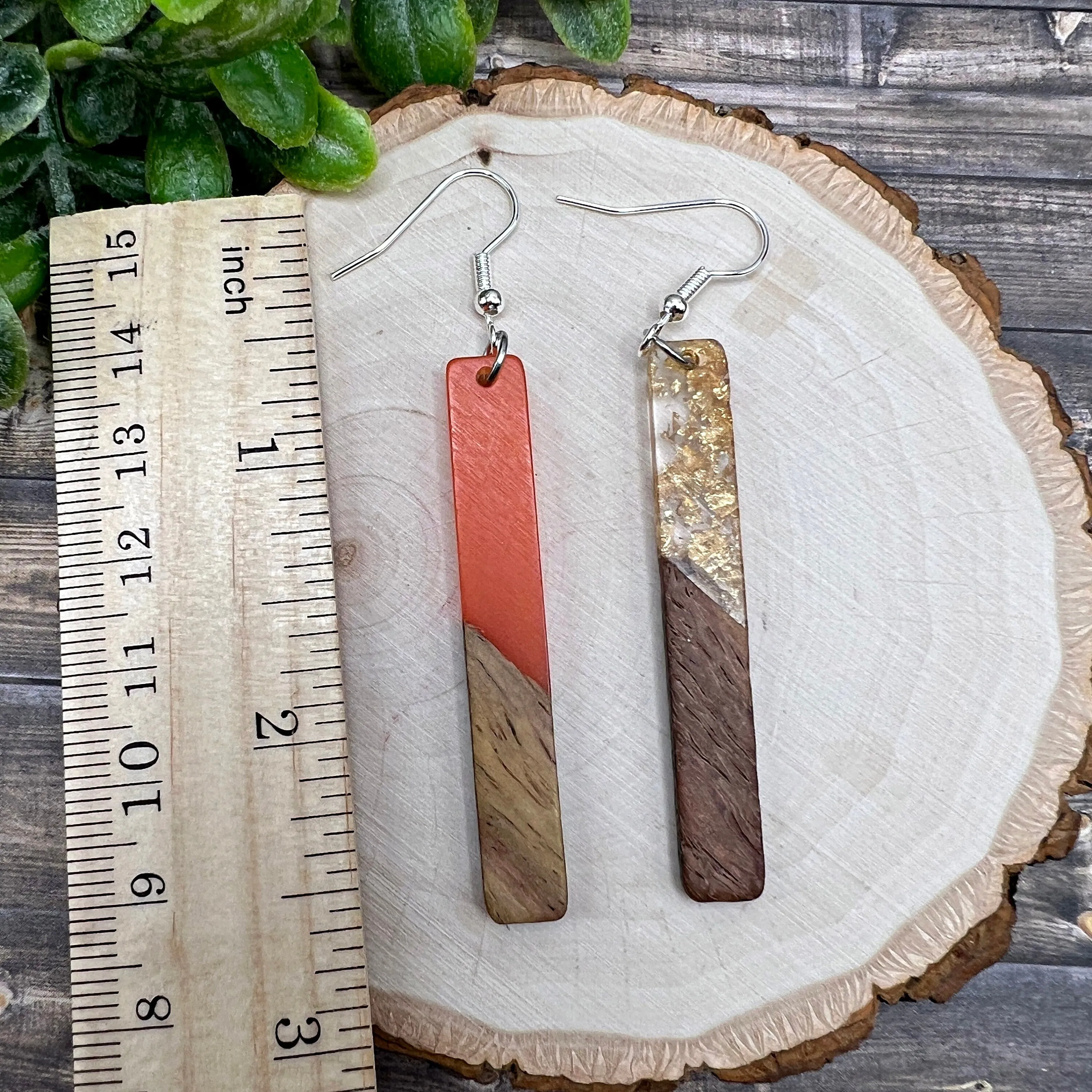 Resin Wood Long Bar Shape Modern Elegant  Earrings, Hypoallergenic Gift - Clearance