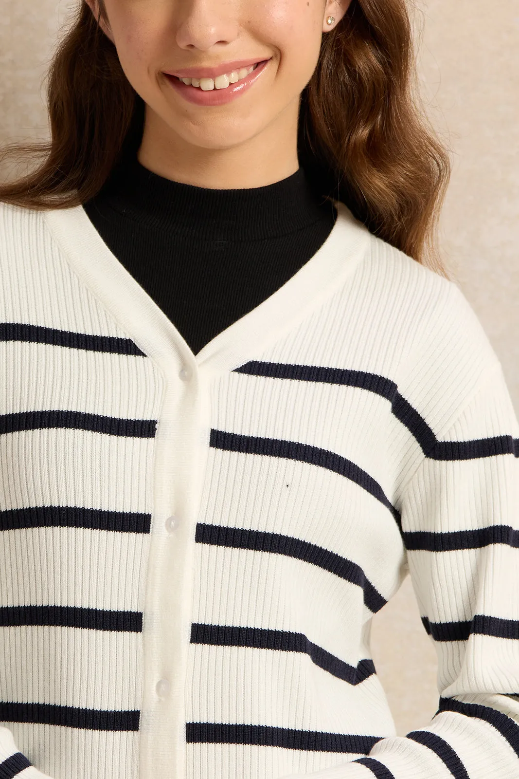 Senior Girls White Striped Sweater